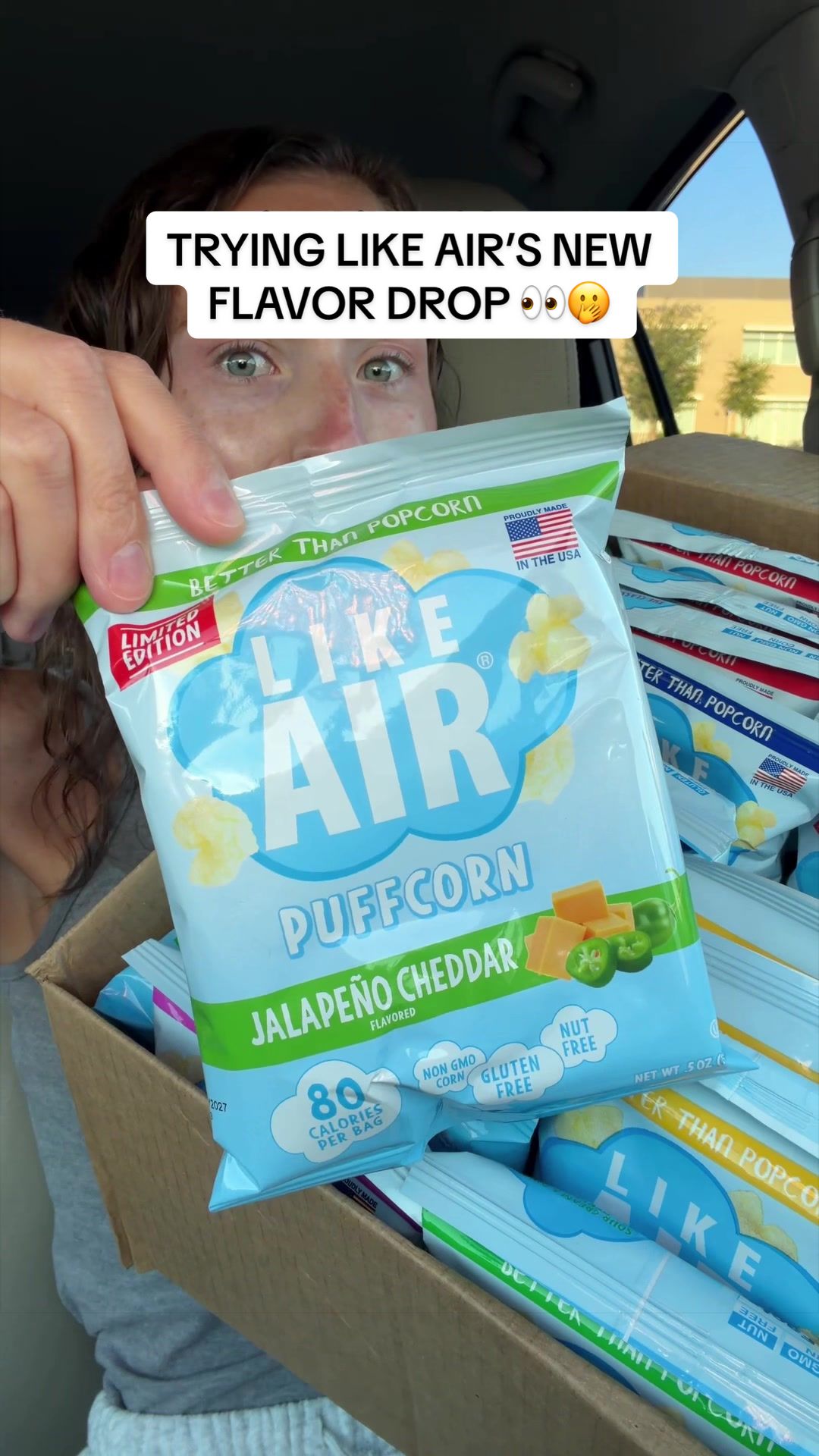 TikTok post by @morganchompz for Like Air Puffcorn. Caption reads: [...] new limited time flavor is… 🧀🌶️ @Like Air....
