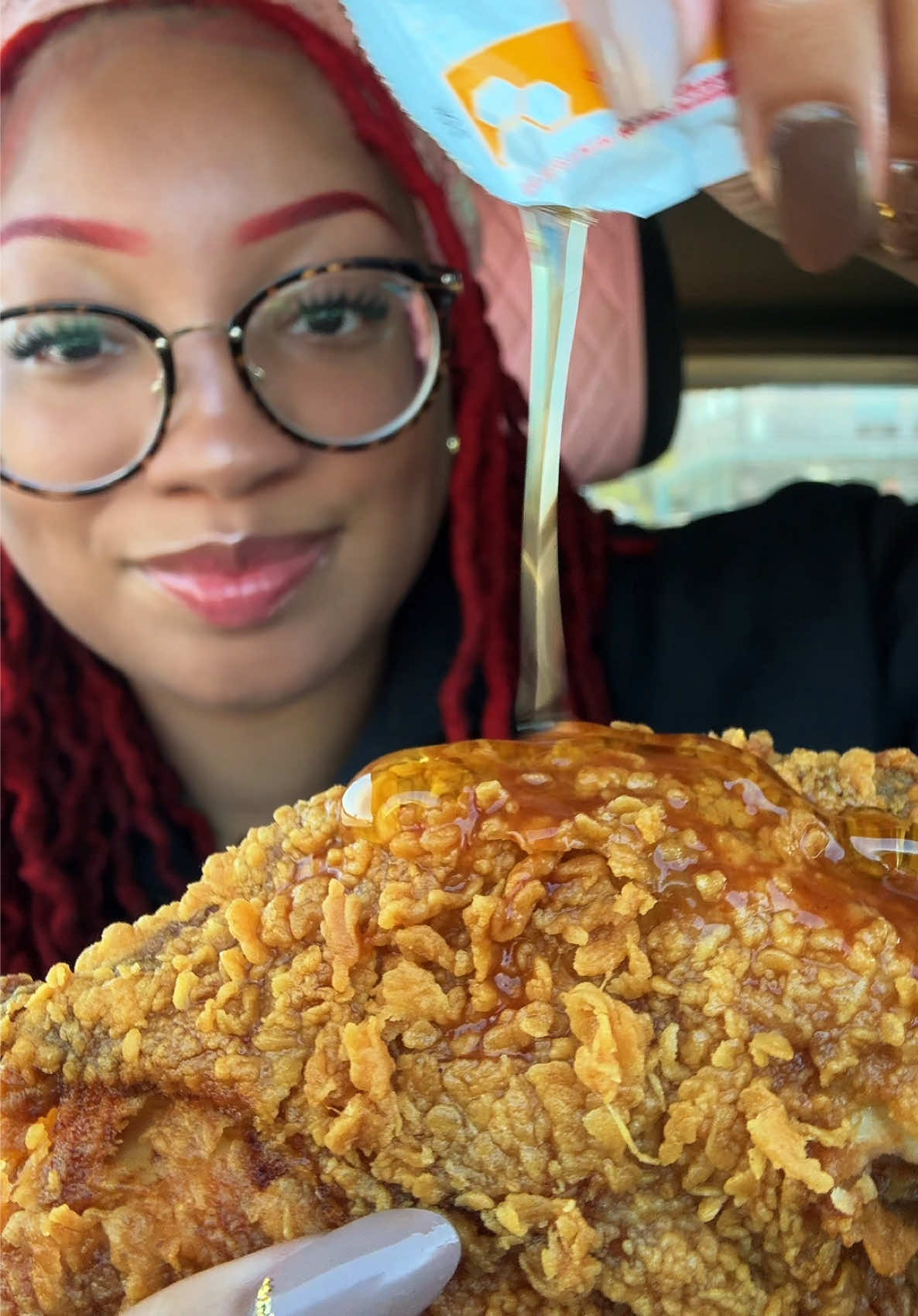 TikTok post by @kie_eats for Popeyes. Caption reads: @Popeyes Fried Chicken Mukbang spicy chicken,....