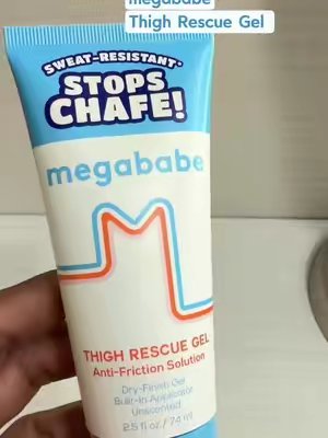 TikTok post by @cindysolutions for Megababe. Caption reads: Megababe Thigh Rescue Gel - Lightweight Unscented....