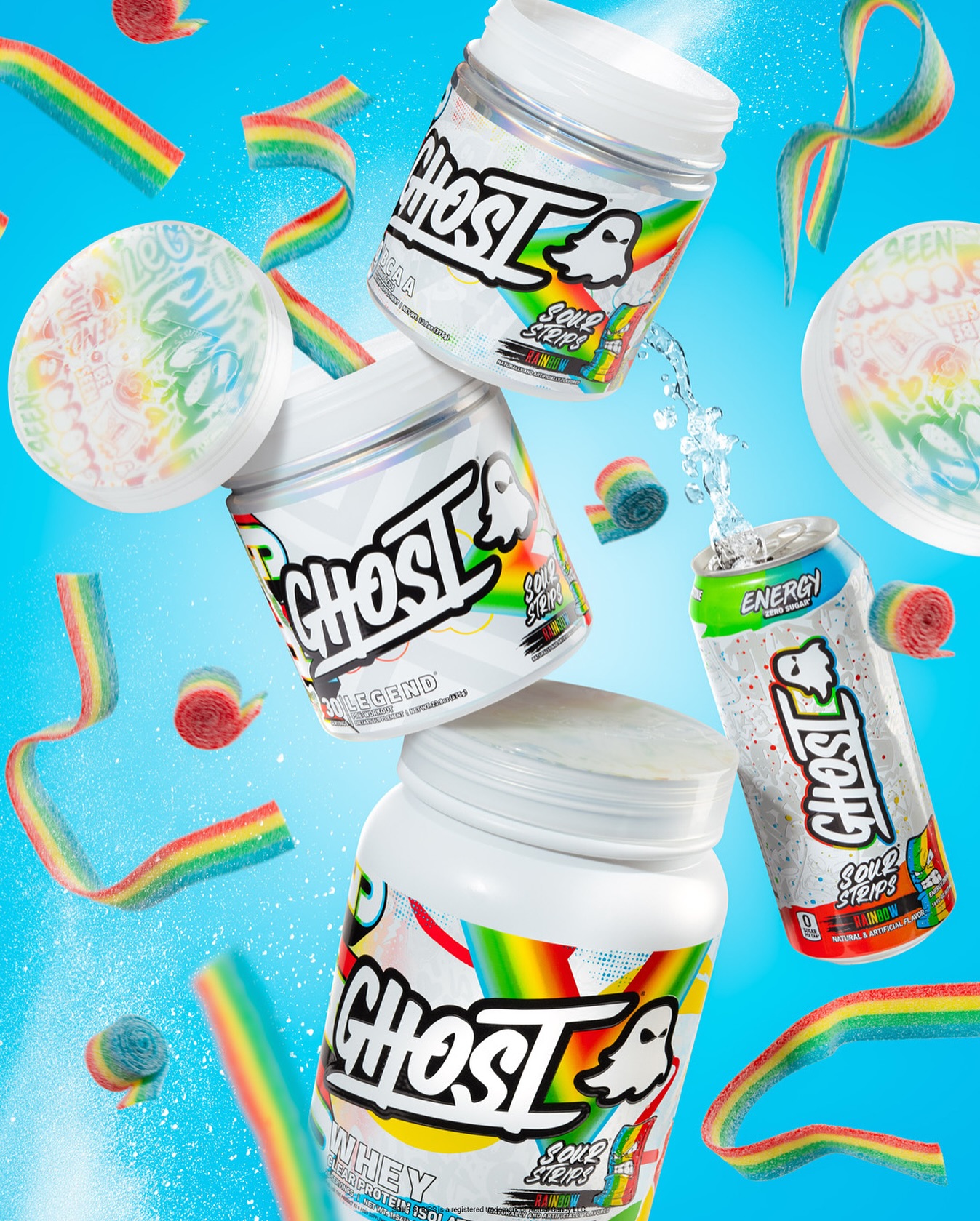 Instagram post by @ghostenergy for GHOST Lifestyle. Caption reads: IT’S TIME 🌈 

GHOST® x SOUR STRIPS® “RAINBOW” is....