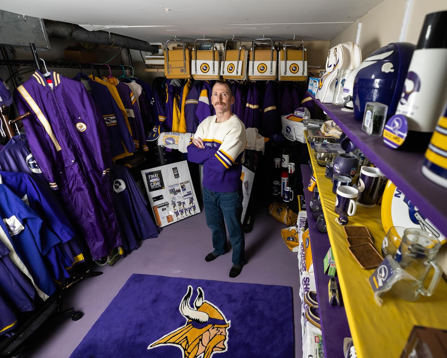 Instagram post by @vikings for Hy-Vee. Caption reads: Vikings fan Jeremy started collecting vintage....