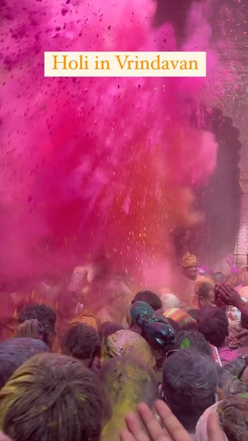 Instagram post by @momentsbyankit for National Geographic Travel. Caption reads: Holi Vibes 🌈

Location - Bankebihari Temple,....