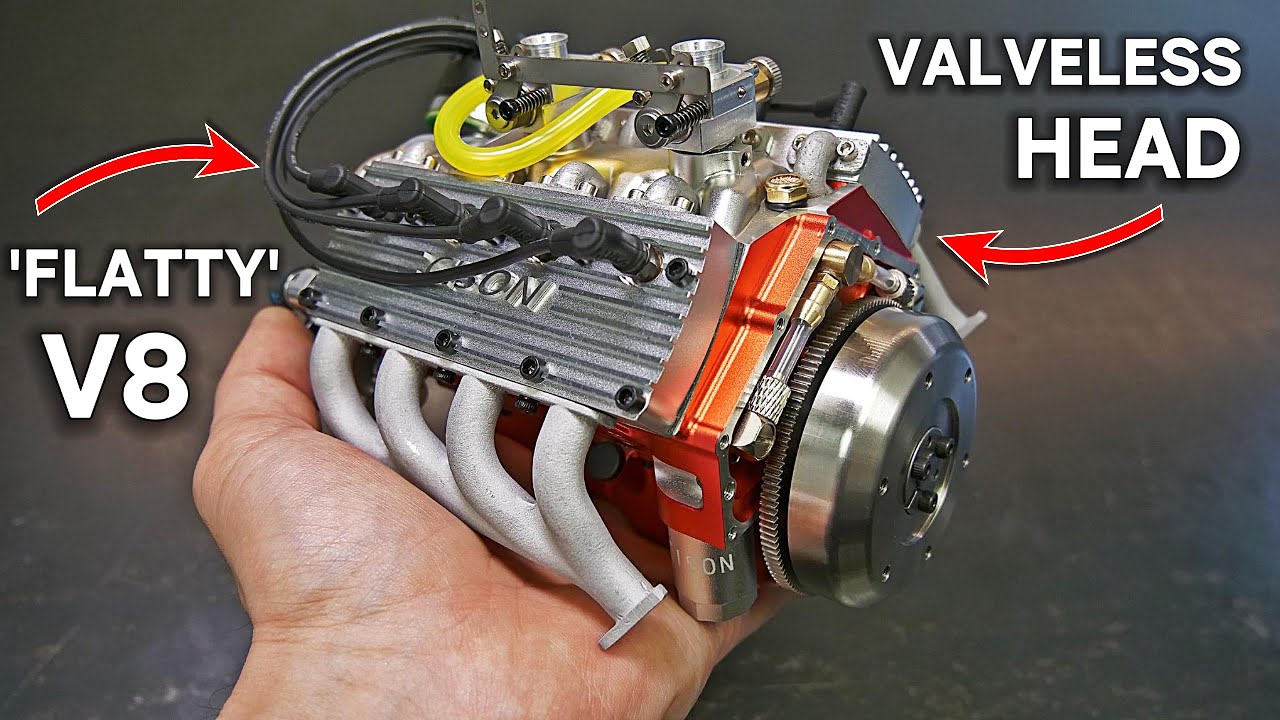 YouTube post by @johnnyq90 for JLCPCB. Caption reads: World's Smallest FLATHEAD V8! - Assembling &....