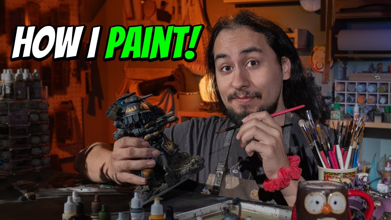 YouTube post by @EonsOfBattle for MyMiniFactory. Caption reads: EXACTLY HOW I Paint All My Minis!.