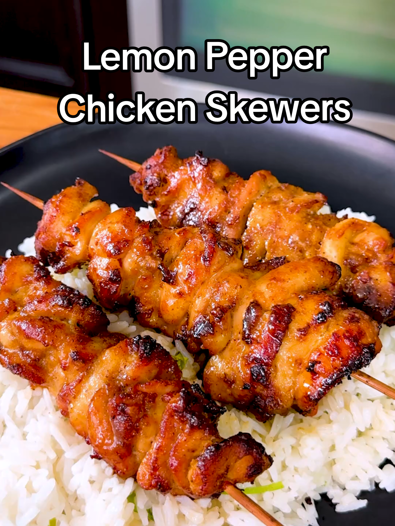 TikTok post by @lov.kari for PowerXL. Caption reads: Lemon Pepper Chicken Skewers 😋 Juicy, crispy....