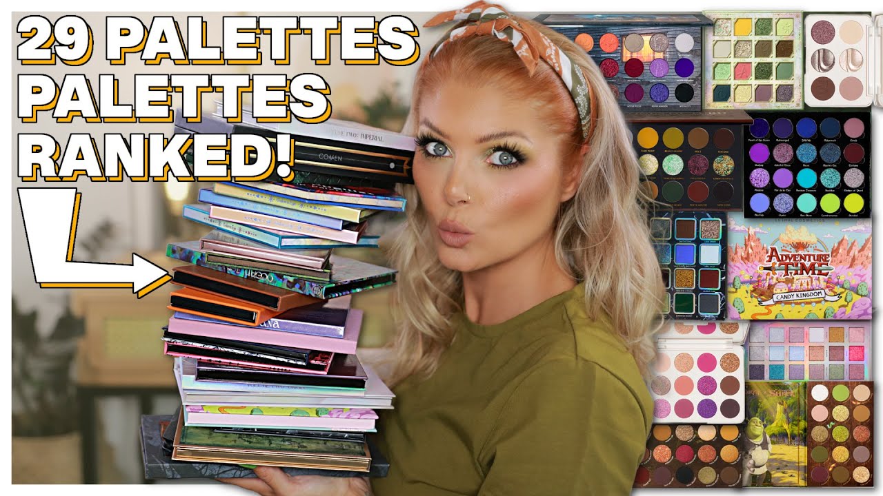 YouTube post by @AngelicaNyqvist for Adept Cosmetics. Caption reads: Ranking A BIG PILE Of Eyeshadow Palettes (which is....