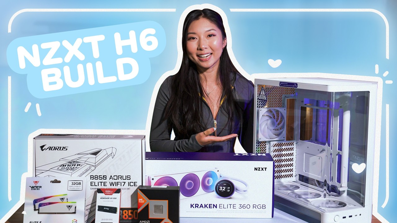 YouTube post by @peachietech for NZXT. Caption reads: [...] white gaming pc | building with the new nzxt....
