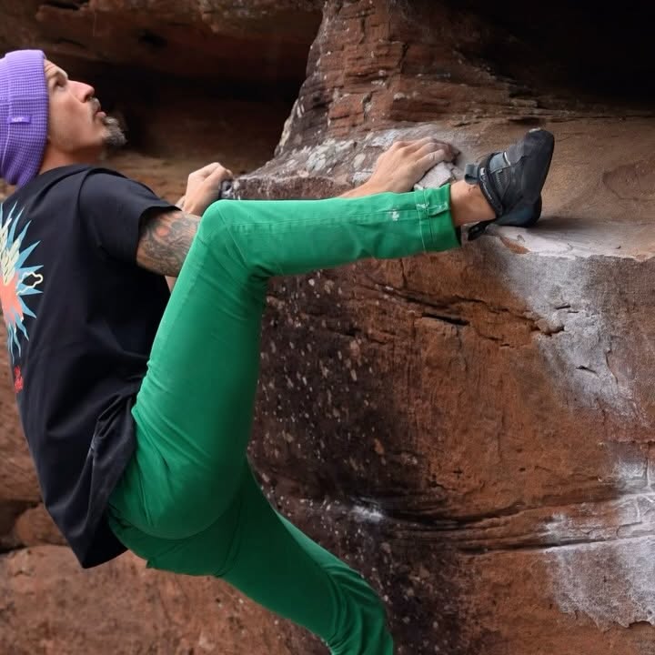 Instagram post by @albarracinbouldering for JUNK Brands. Caption reads: [...] Super stoked on my new headwear from....