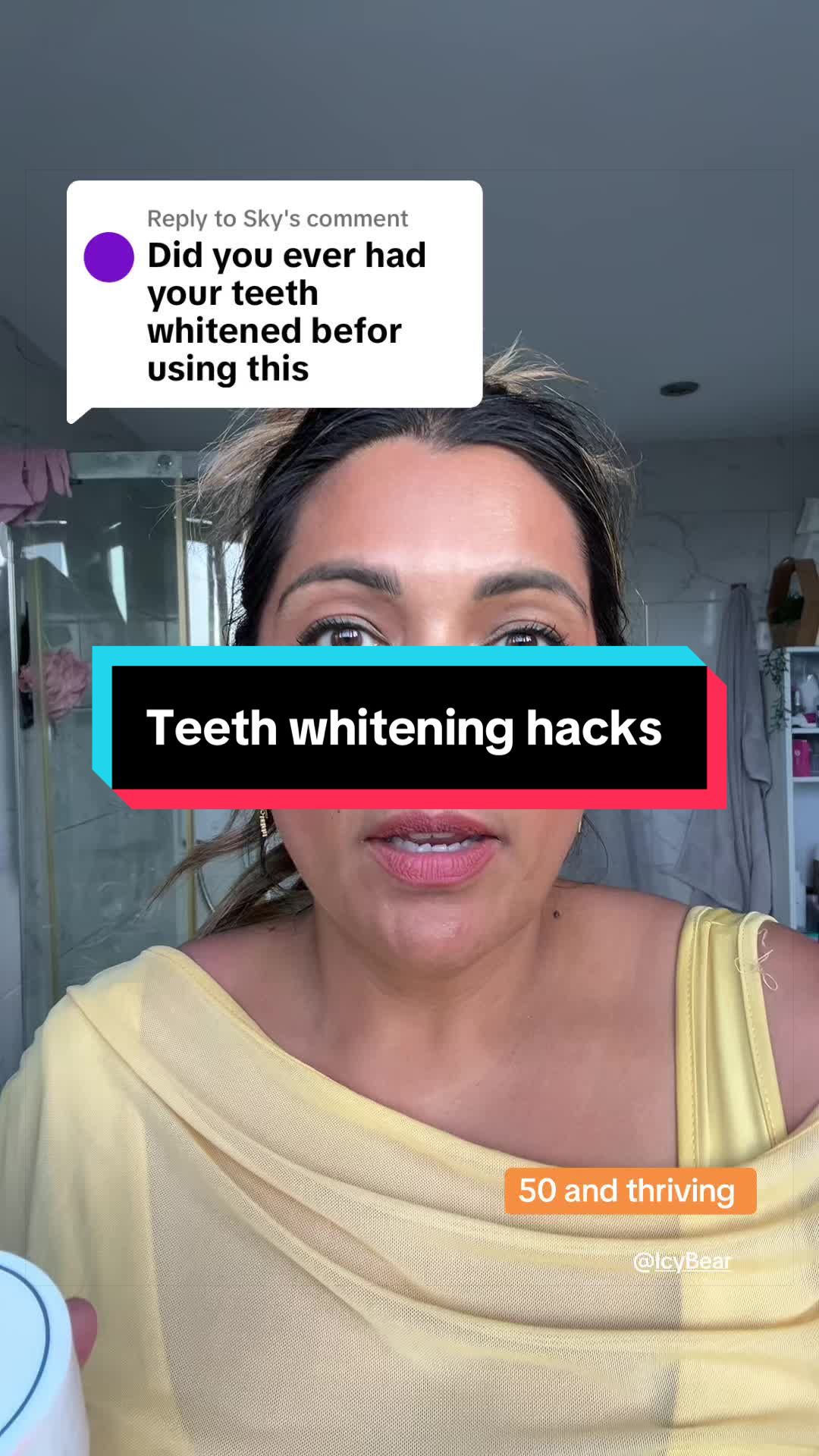 TikTok post by @sheena.tiktok76 for Icy Bear Dental. Caption reads: Replying to @Sky This teeth whitening powder is so....