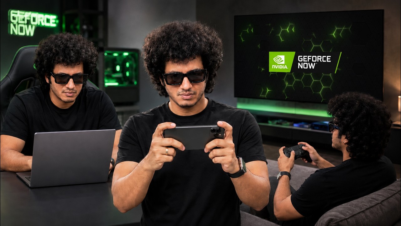 YouTube post by @TechDreams for NVIDIA GeForce Russia. Caption reads: Play AAA Games on Any Device Without a Gaming PC,....