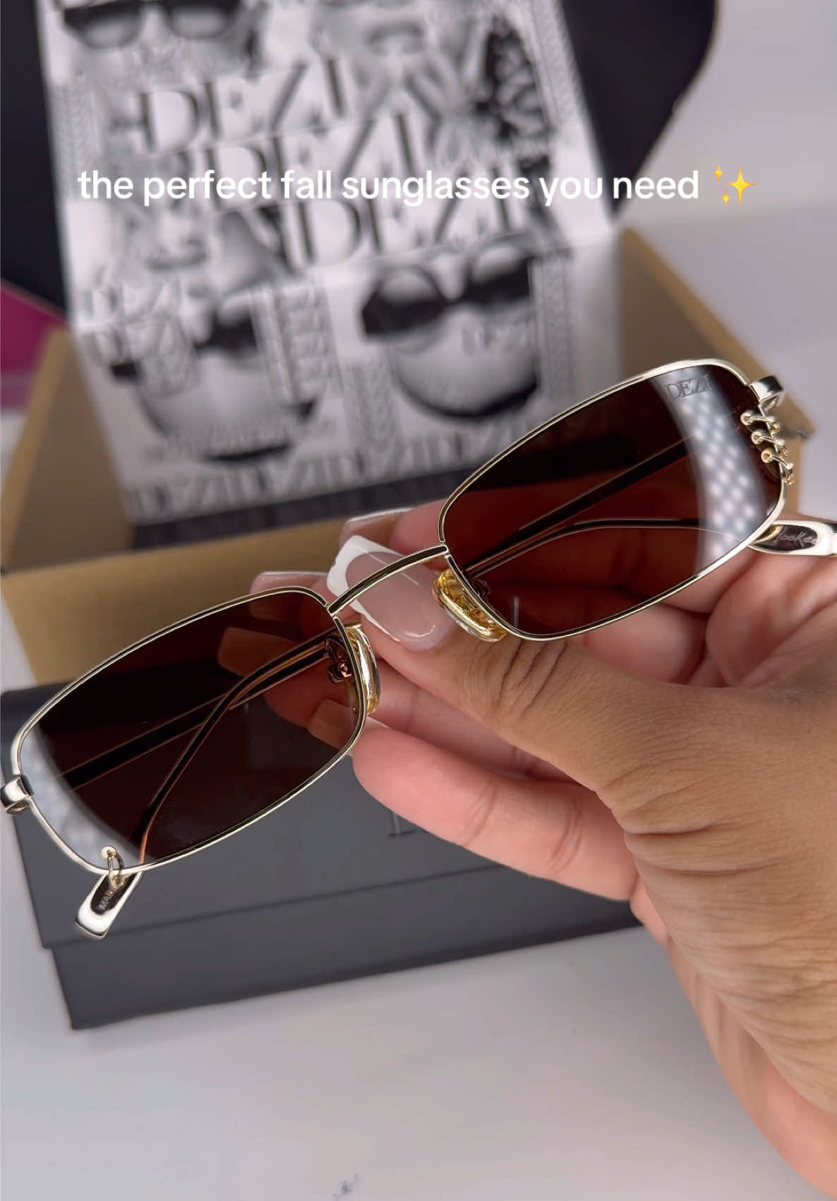 TikTok post by @erensnchz for DEZI. Caption reads: HOOKED by @DEZI EYEWEAR are literally the [...].
