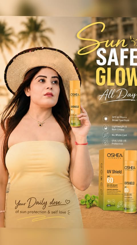 Instagram post by @akshitagaha for Oshea Herbals. Caption reads: [...] Comment “SPF” for the Amazon link 💛....