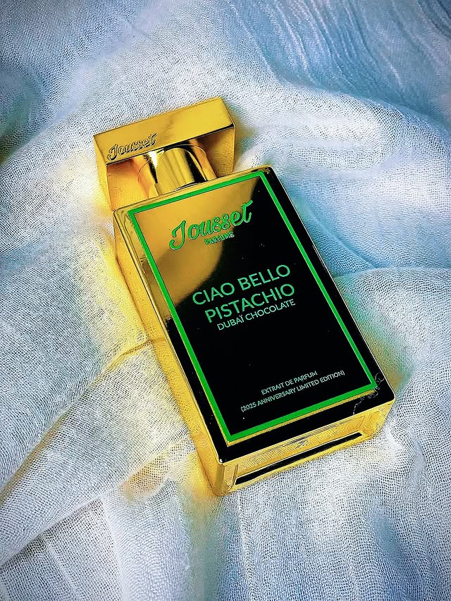 Instagram post by @the.amira.edit for Jousset Parfums. Caption reads: Ciao Bello Pistachio Dubaï Chocolate....