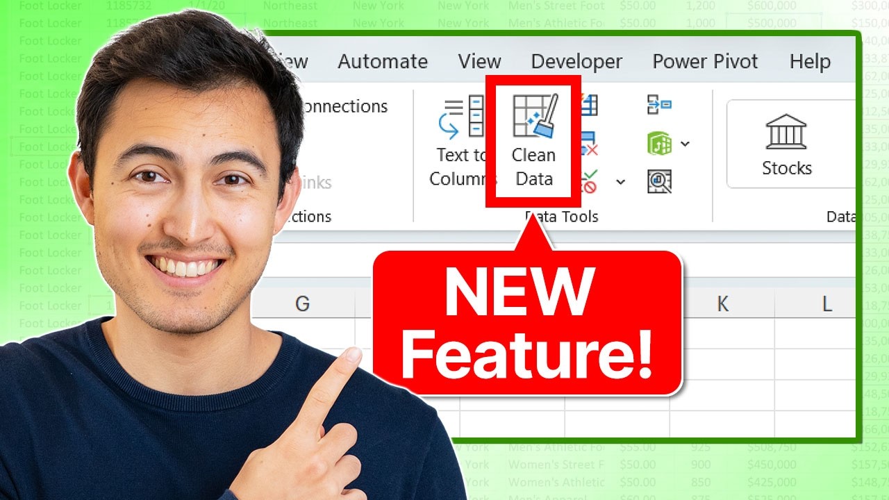 YouTube post by @KenjiExplains for HubSpot. Caption reads: I Tried Excel’s New Clean Data Button—Here’s What....