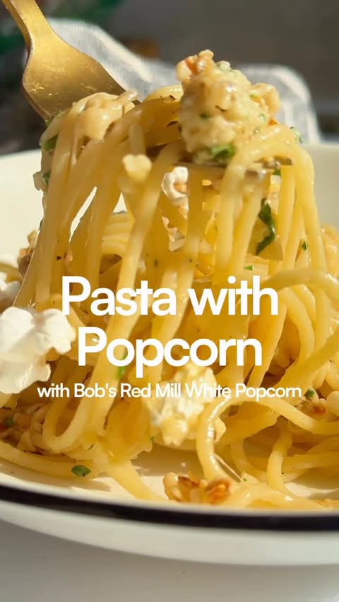 Instagram post by @markbittman for Bob's Red Mill. Caption reads: How do we feel about pasta with popcorn? Guessing....