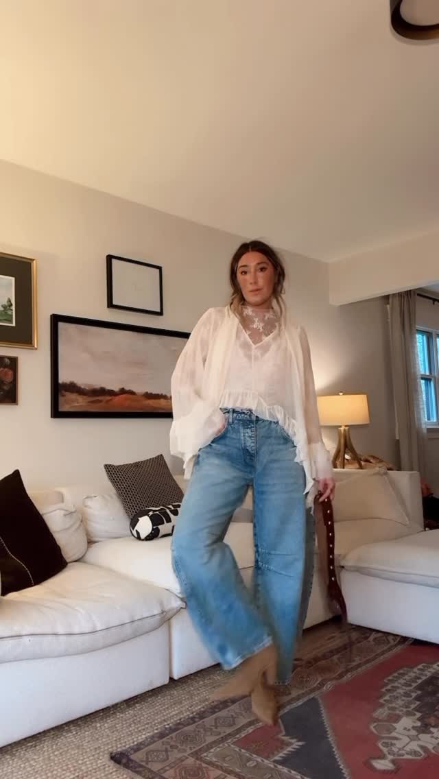 Instagram post by @caitlynwarakomski for Free People. Caption reads: Denim + some winter layers ❤️ comment SHOP and....