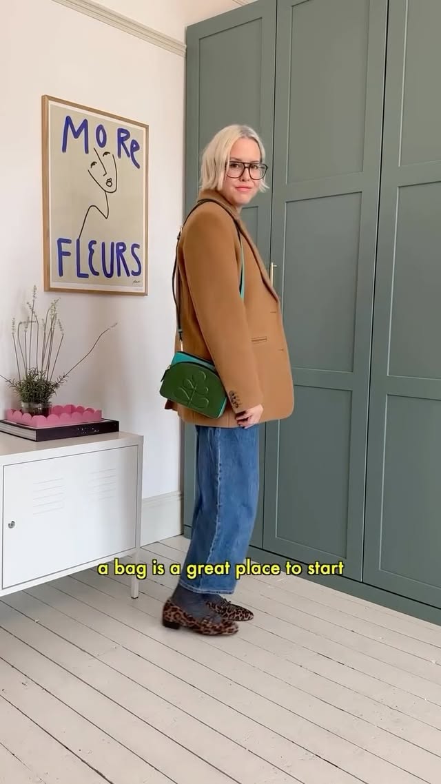 Instagram post by @alexandra.stedman for Orla Kiely. Caption reads: AD introducing the @orlakiely Portia East bag, I....