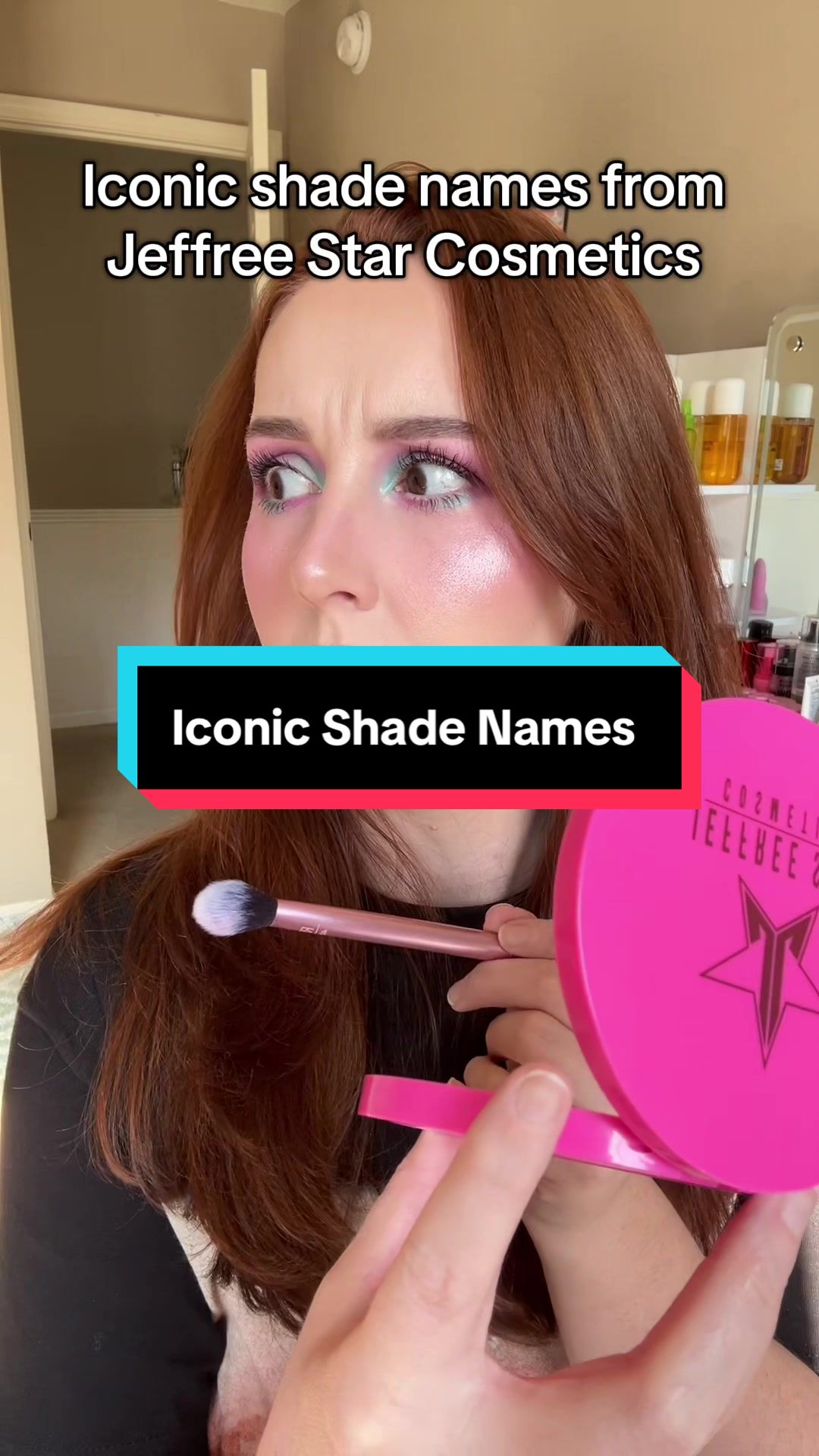 TikTok post by @jessicawallsbeauty for Jeffree Star Cosmetics. Caption reads: Iconic shade names from @Jeffree Star Cosmetics....