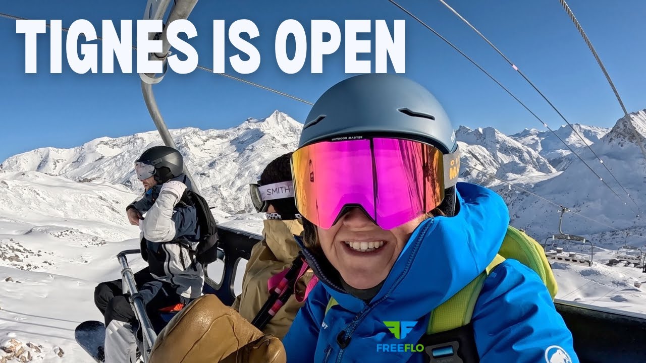 YouTube post by @FreeFloFloss for OutdoorMaster. Caption reads: Skiing Is BACK! First Day on the Slopes in Tignes.