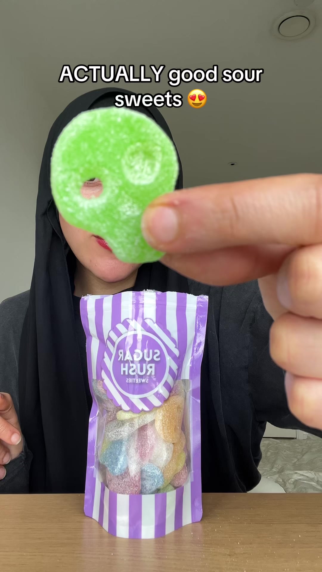 TikTok post by @maryamtriesthings for Sugar Rush Sweeties. Caption reads: [...] #soursweets #halal #fyp @SugarRushSweeties.