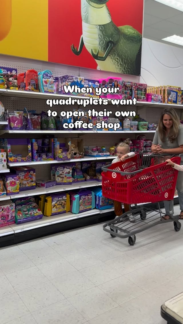 Instagram post by @helloquadruplets for Kinetic Sand. Caption reads: #AD Our kids spotted the @KineticSand Café Case at....