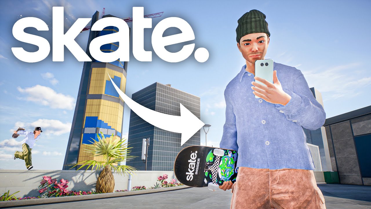 YouTube post by @TheOldPotato for Pixio Gaming. Caption reads: How To Play Skate. Like Me | Full Settings....