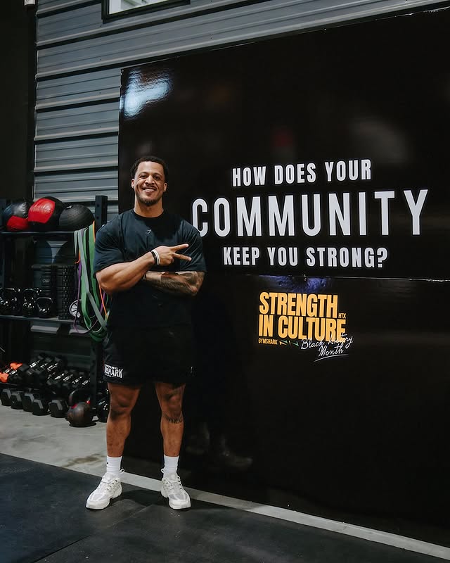 Instagram post by @jamalbrowner for Gymshark. Caption reads: Strength in culture 💪🏽🦈 @gymshark Proud of this....