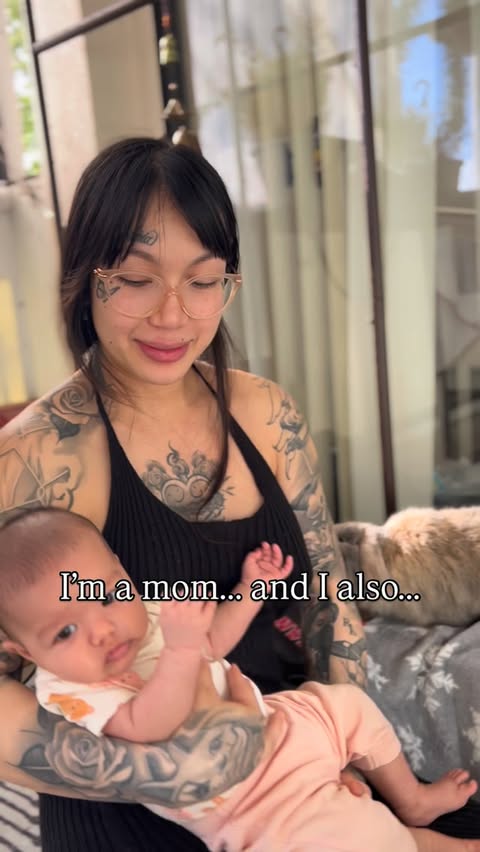 Instagram post by @sarahlotattoo for Hustle Butter. Caption reads: Motherhood vibes 🐣❤️✨ Sponsored by....