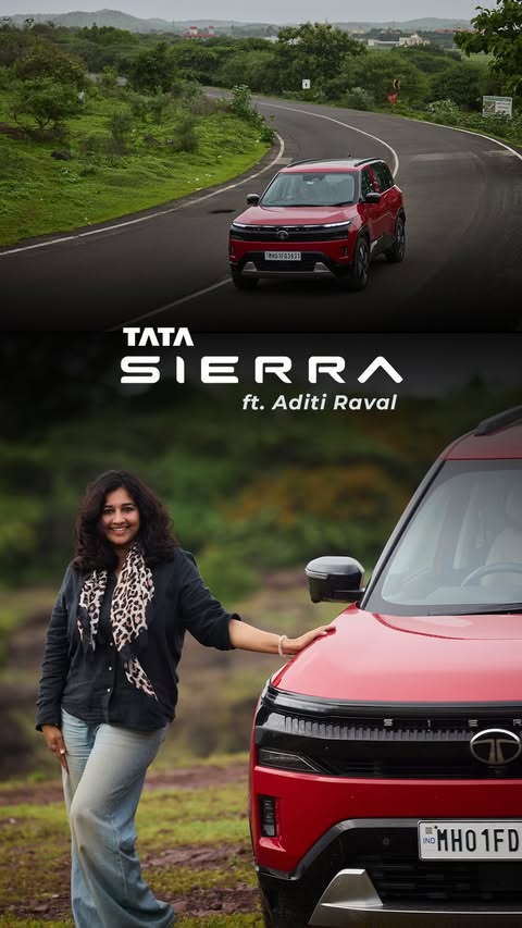 Instagram post by @aditiraval for Tata Motors. Caption reads: Sharing my monsoon journey with the Tata Sierra in....