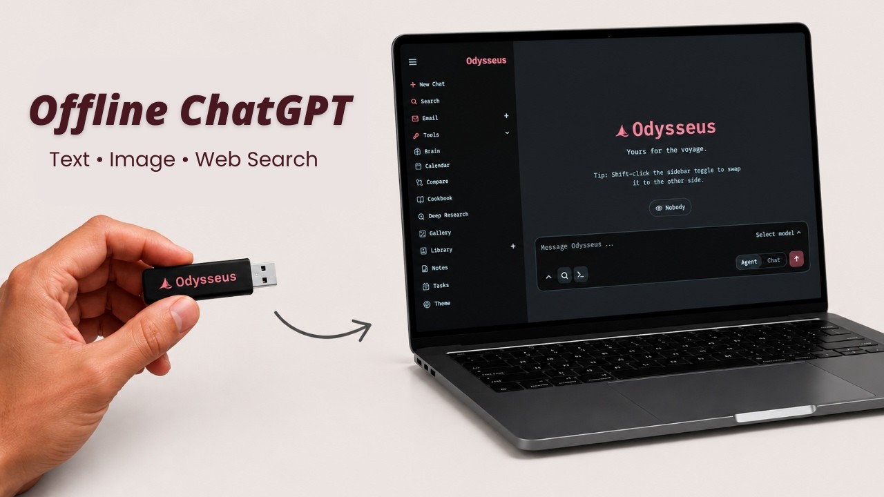 YouTube post by @TechJarves for UPDF. Caption reads: Run Offline ChatGPT on USB | Odysseus Portable AI....