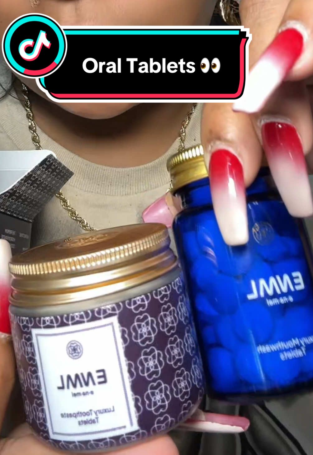 TikTok post by @jubeautyfinds_ for ENML Toothpaste Tabs. Caption reads: [...] tablets and I’m kinda obsessed @ENML....