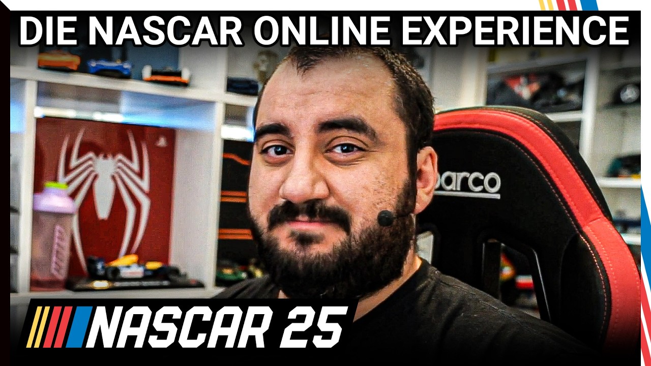 YouTube post by @DaveGaming for MOZA Racing. Caption reads: DON'T COPY - THE NASCAR 25 MULTIPLAYER EXPERIENCE.