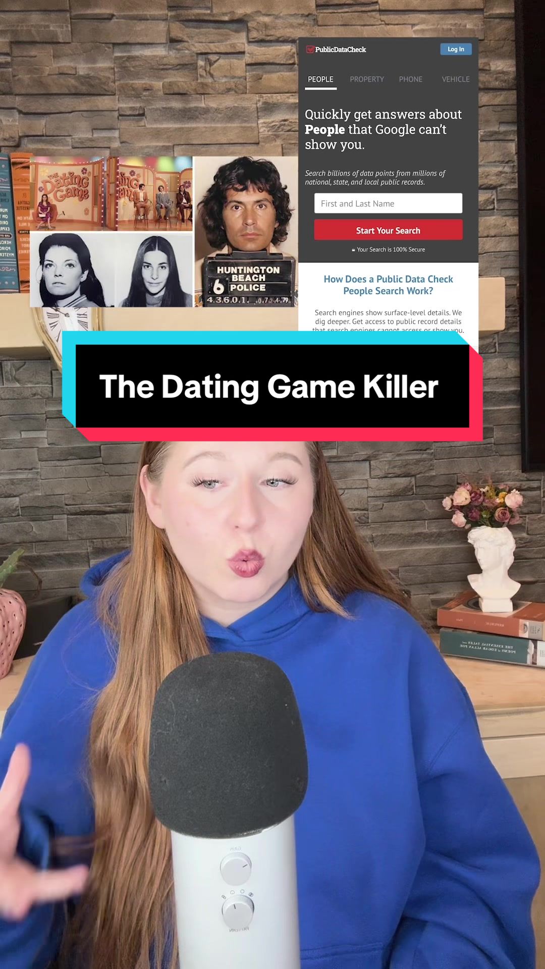 TikTok post by @crimewithkourt for Public Data Check. Caption reads: Crazy how a simple background check could have....