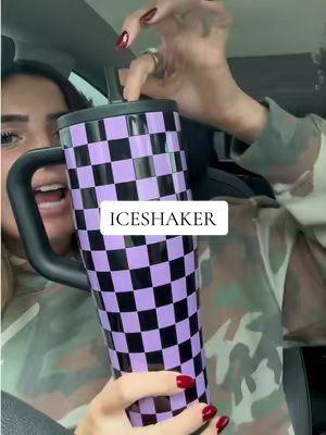 TikTok post by @shelbsfavfinds for Ice Shaker. Caption reads: [...] at our door 😂💜🖤 but LOOK AT HER. @Ice....