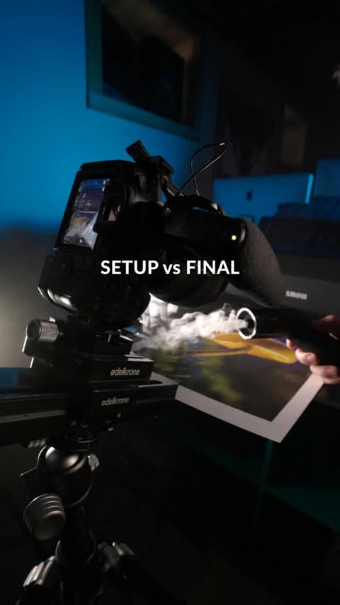 Instagram post by @danielaucoinfineart for Edelkrone. Caption reads: How I Light My BTS Shots With the NEW amaran Ray....