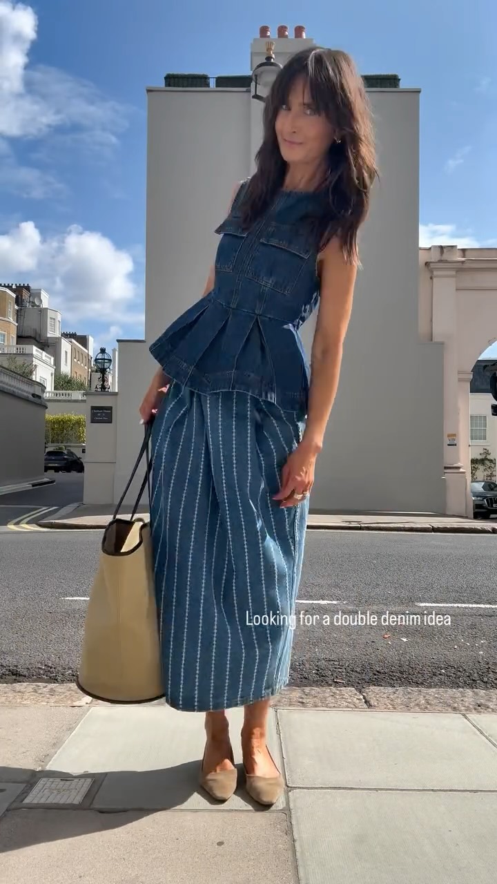 Instagram post by @carolinesstylehacks for Munthe. Caption reads: Always up for a little double denim.. just don’t....