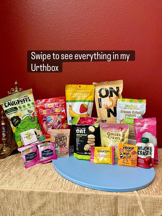 Instagram post by @desertfoodie88 for UrthBox. Caption reads: #ad ever wonder what’s in these snack boxes? Lots....