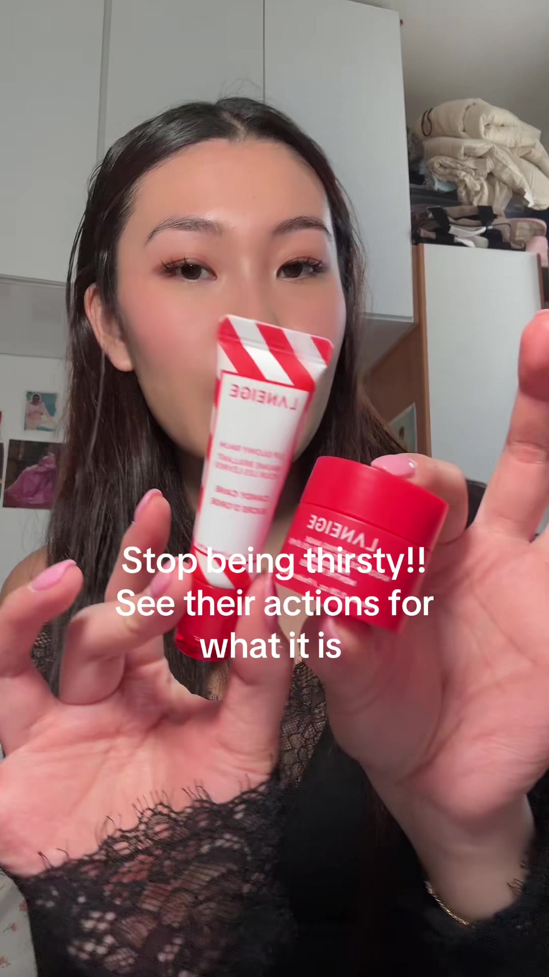 TikTok post by @aliceyyg for LANEIGE. Caption reads: @laneige_us lip glowy balm & sleeping mask combo!....