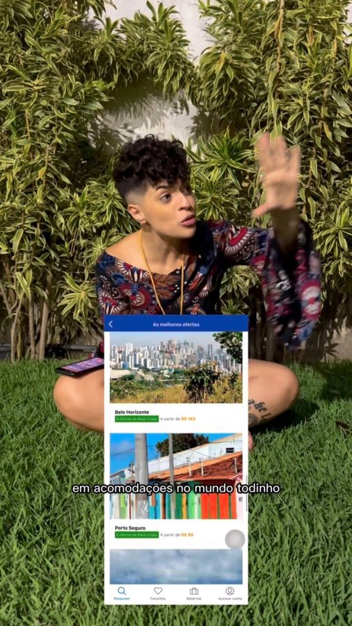 Instagram post by @ppinheirobruna for Booking.com Brasil. Caption reads: Viajar é uma experiência única, né? 🥹 Memórias....