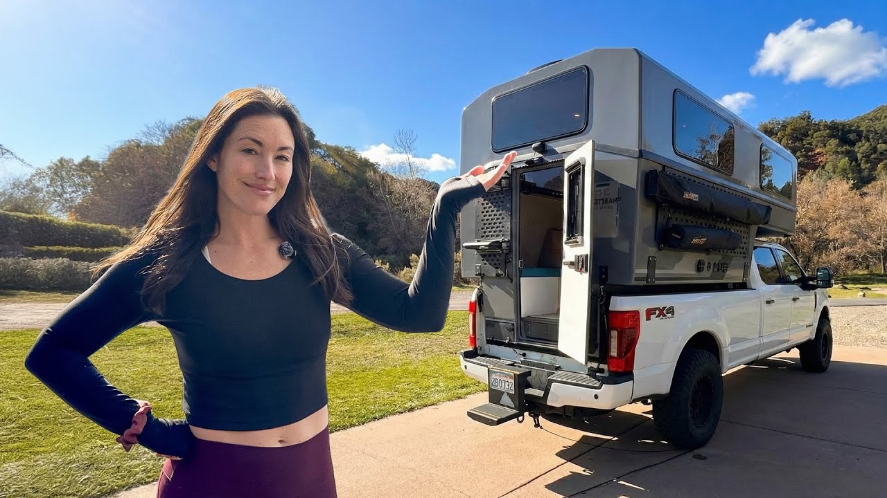 YouTube post by @NikkiDelventhal for Dometic. Caption reads: Our New 4x4 Truck Camping Set Up! (Install & TOUR).