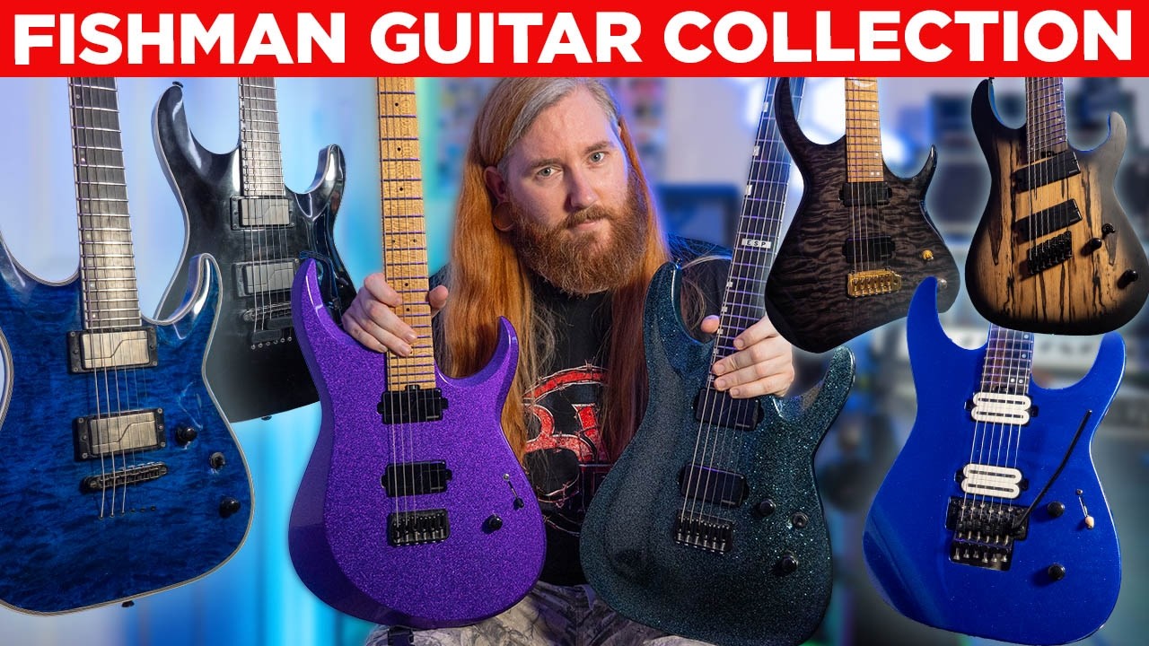 YouTube post by @JamieSlays for Sweetwater Integration. Caption reads: I Put Fishman Pickups In 7 Guitars… Here’s Why.