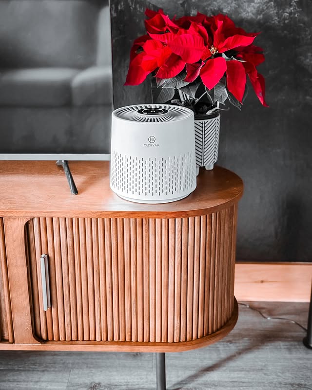 Instagram post by @kerraezgi for Medify Air. Caption reads: Breathing easy at home with my Medify Air....