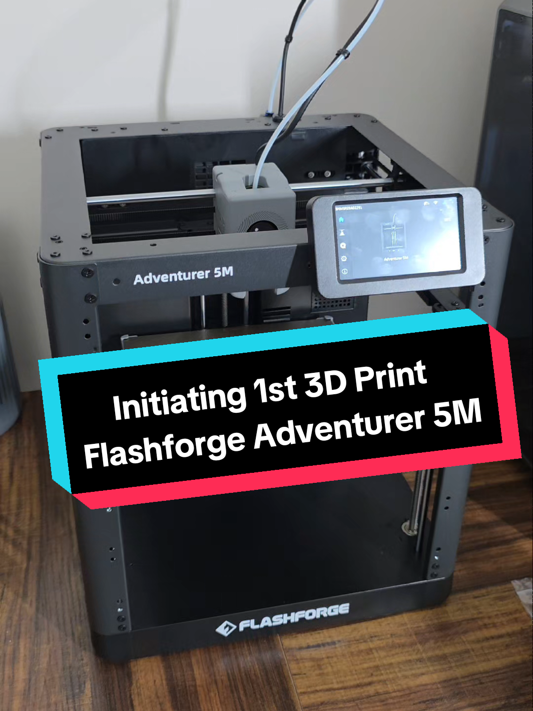 TikTok post by @dapoets for Flashforge. Caption reads: Initiating the 1st test print on the Flashforge....
