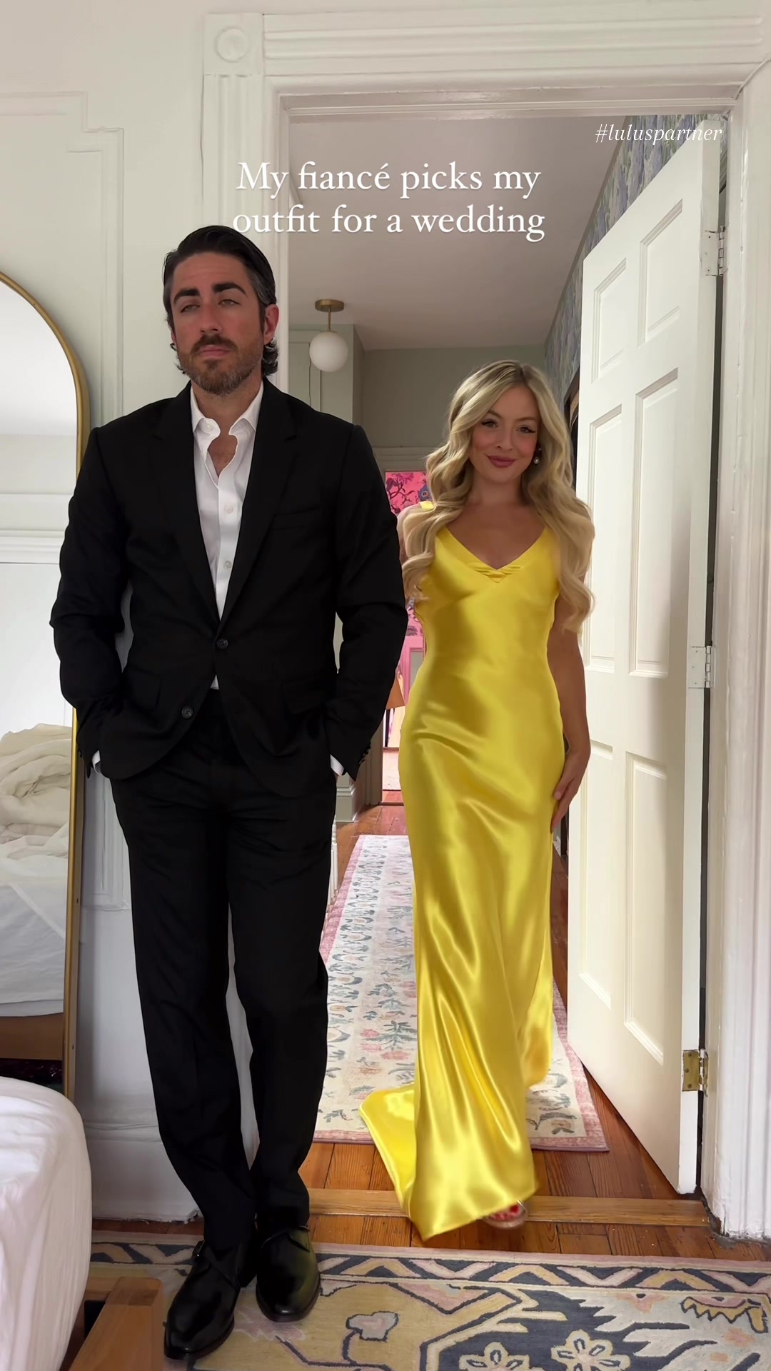TikTok post by @rachmartino for Lulus. Caption reads: my fiancé picks my outfit for a wedding! 🤍💍☀️....