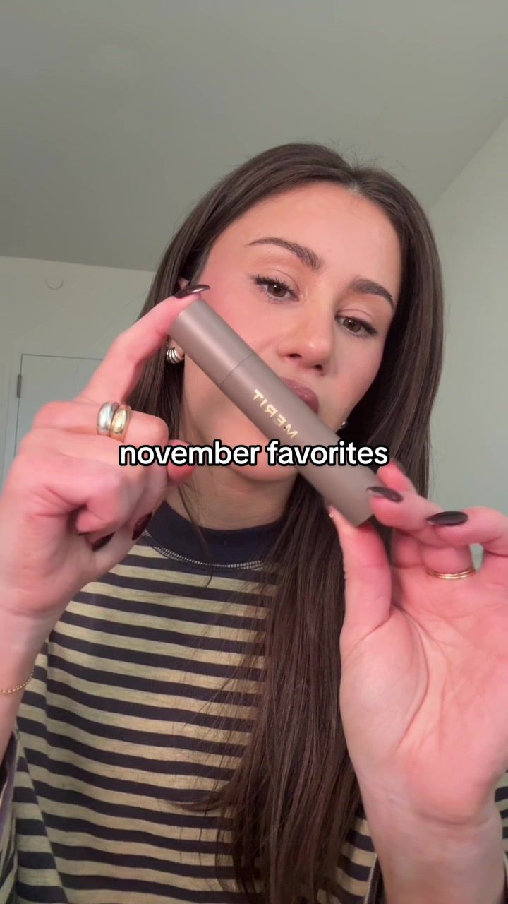 TikTok post by @carlyrivlin for Experiment Beauty. Caption reads: November favorites! Products mentioned: @MERIT....