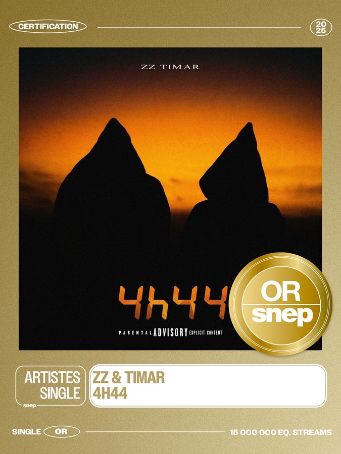 Instagram post by @snepmusique for Universal Musiek. Caption reads: Le titre « 4h44 » de ZZ & Timar est certifié....