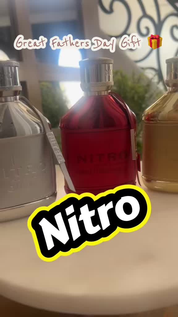 TikTok post by @perfume_queen_ for PerfumeboxUSA. Caption reads: Nitro Elixir, Nitro Red Intensely, and Nitro Gold....