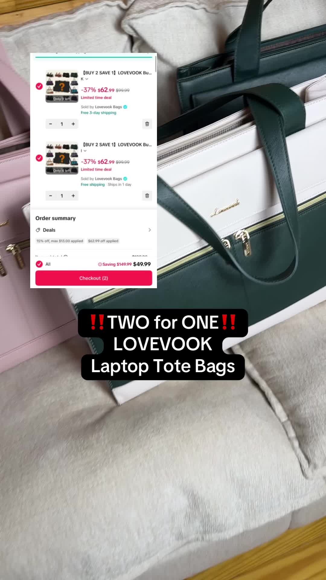 TikTok post by @minding_mels_small_biz for Lovevook. Caption reads: You can get two @Lovevook Bags laptop tote bags 👀....