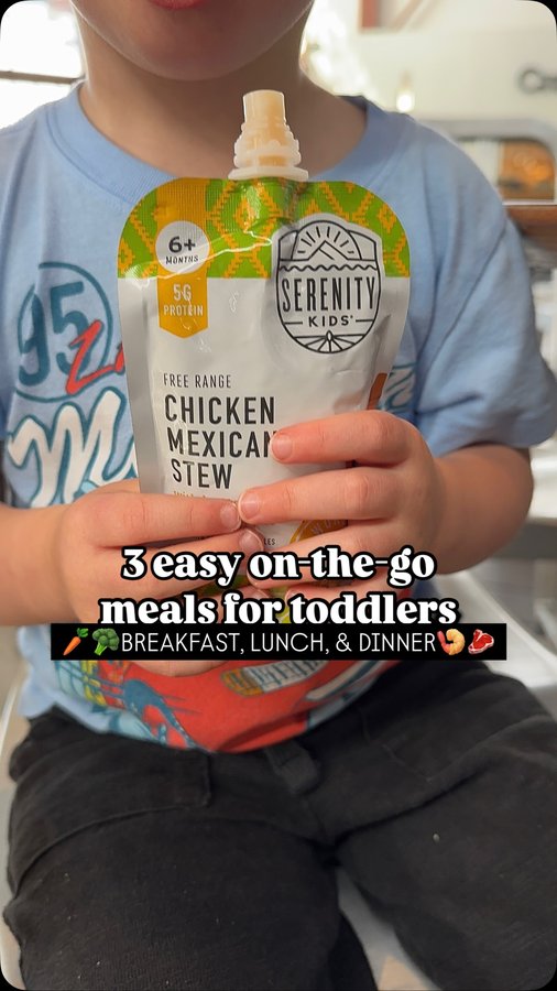 Instagram post by an influencer for Serenity Kids. Caption reads: [...] harder on-the-go! 🥩🥦🥕 @myserenitykids....