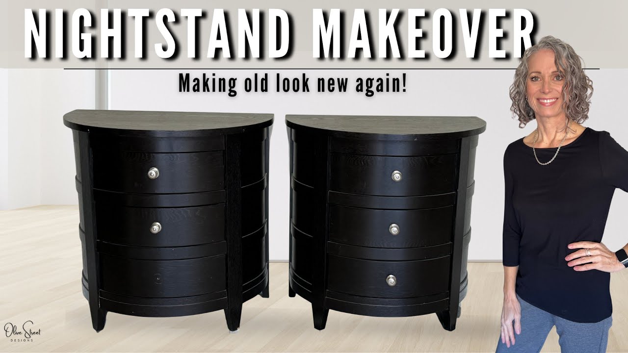YouTube post by @olive.street.designs for Fusion Mineral Paint. Caption reads: Making tired and worn nightstands all new again!.